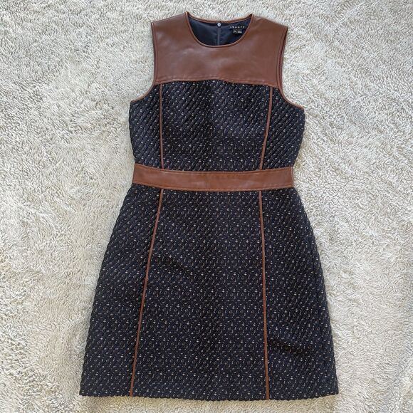 Theory CalvinoDress Sleeveless Mix Media Lamb Leather Tweed Navy Brown Size 10 - Picture 2 of 10